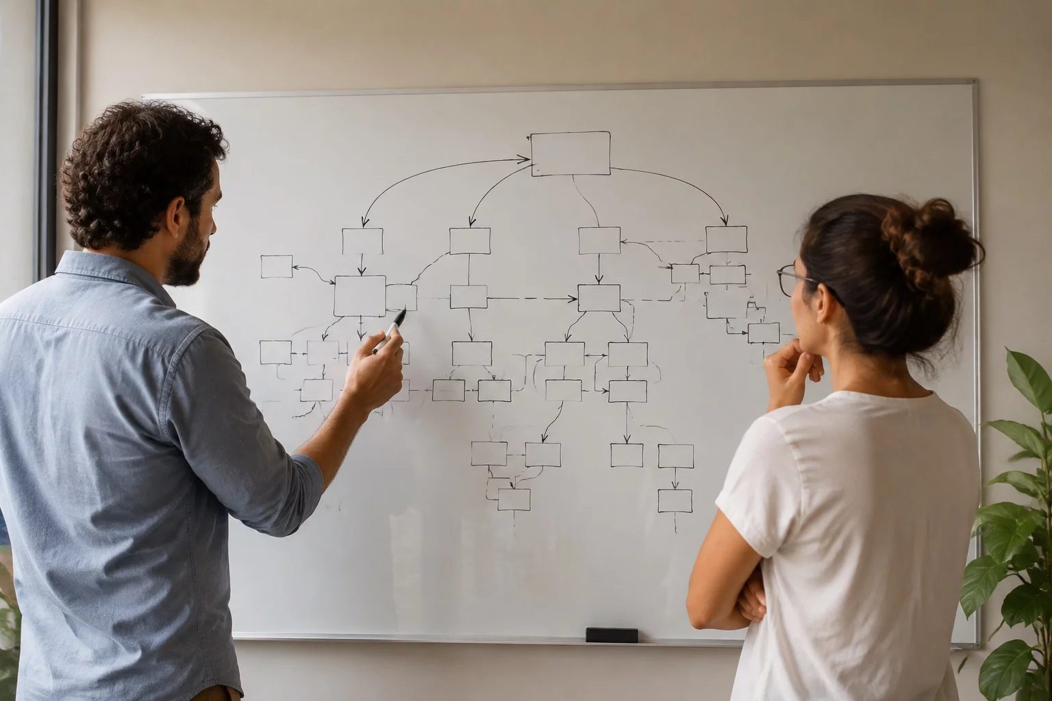 Duas pessoas diante de um quadro branco com um mapa de argumento desenhado à mão