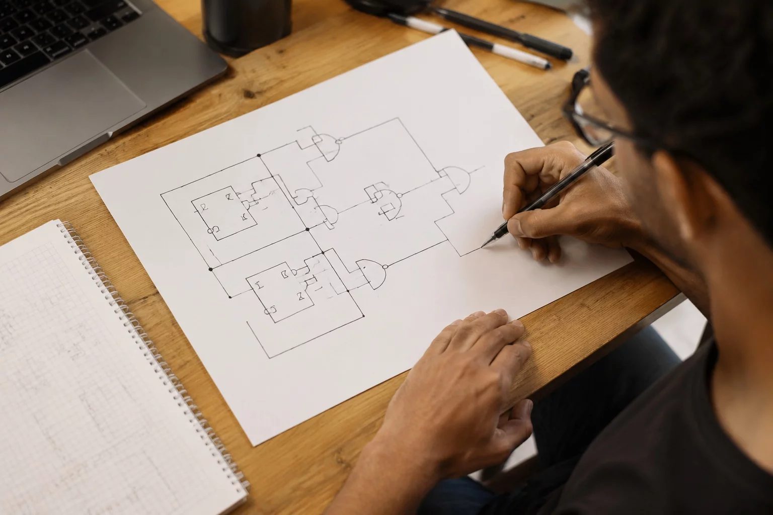Vista de cima de uma mesa com um diagrama de lógica desenhado à mão