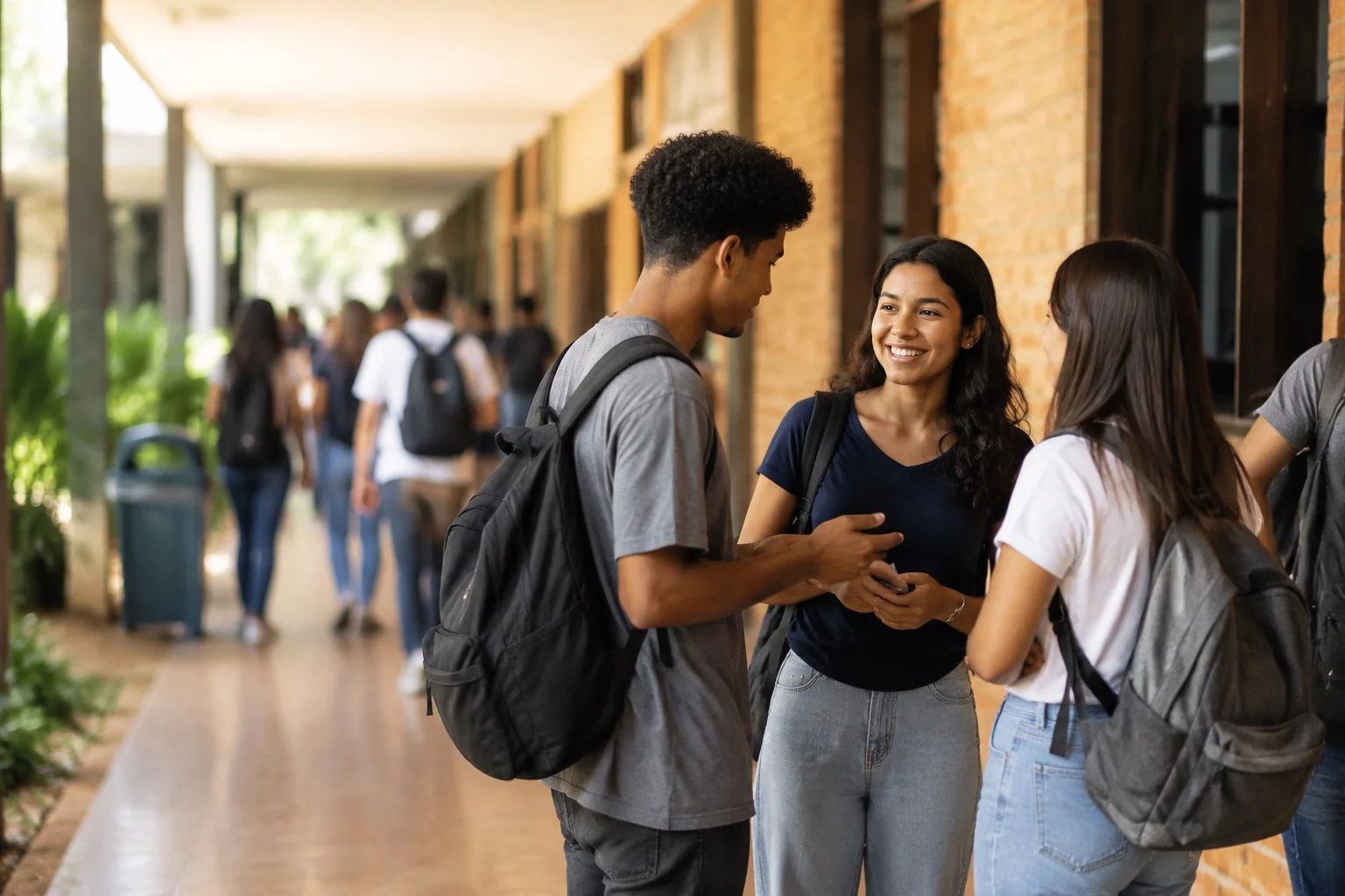 Estudantes com mochilas conversando no corredor de uma universidade