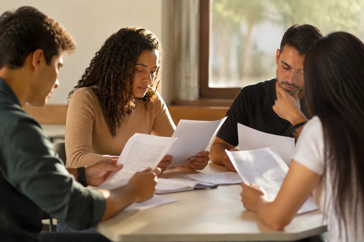 Grupo pequeno lendo páginas impressas de argumentos ao redor de uma mesa
