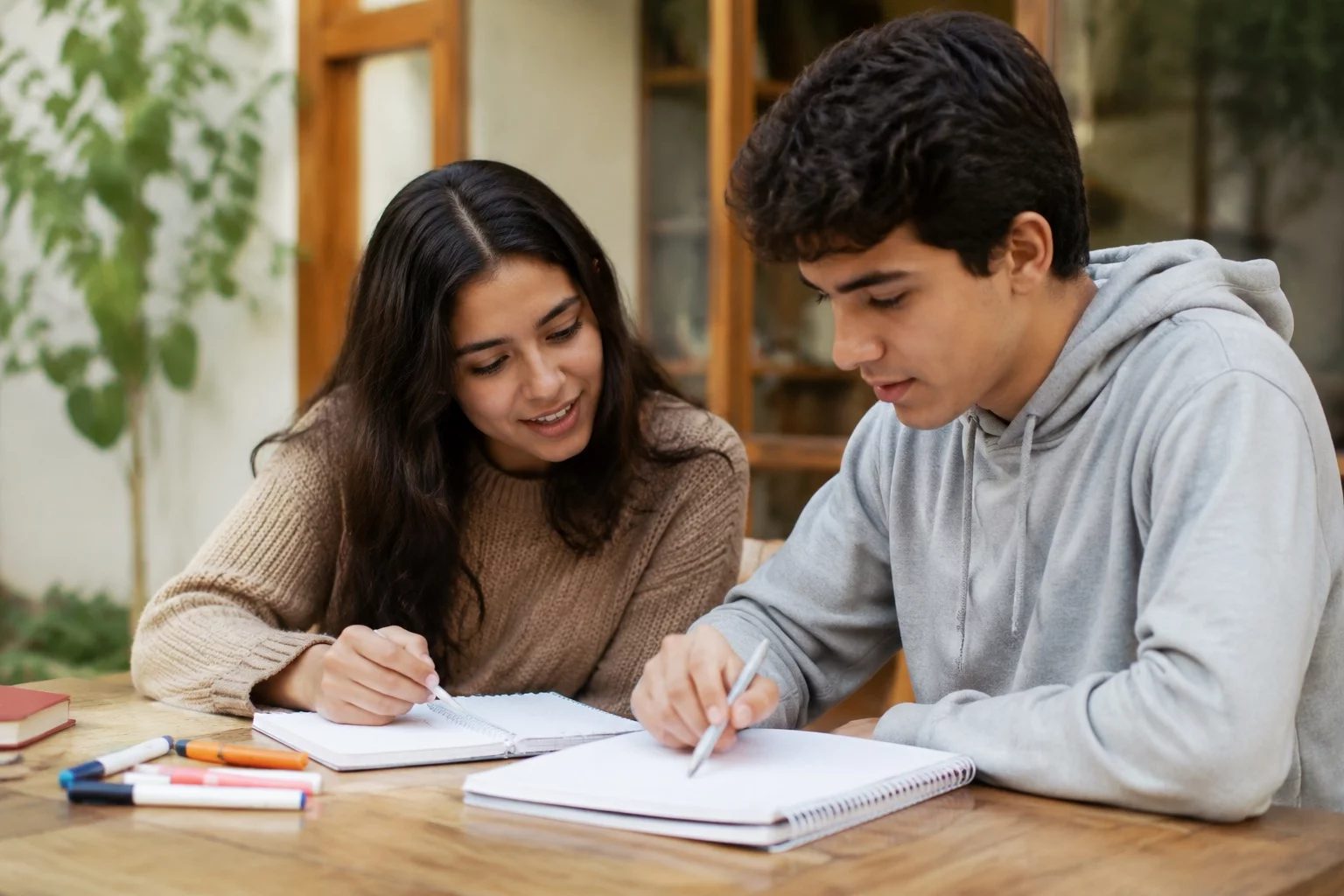 Dois estudantes preparando um debate com cadernos e marcadores