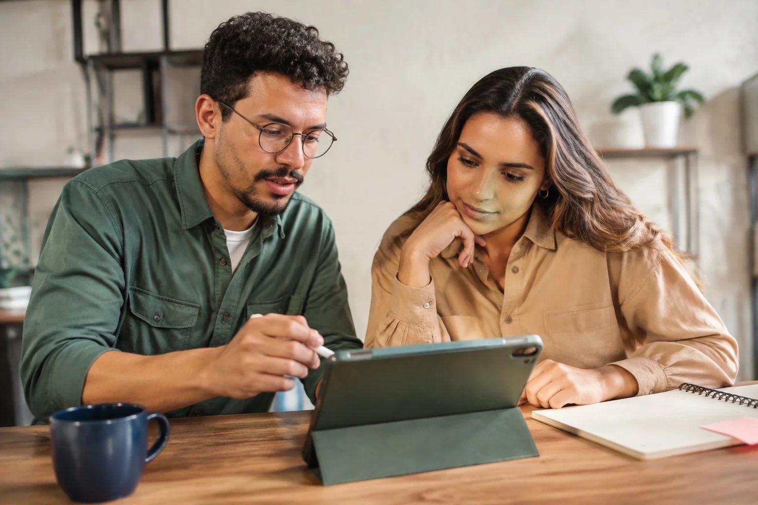 Duas pessoas revisando anotações em um tablet sobre uma mesa de madeira