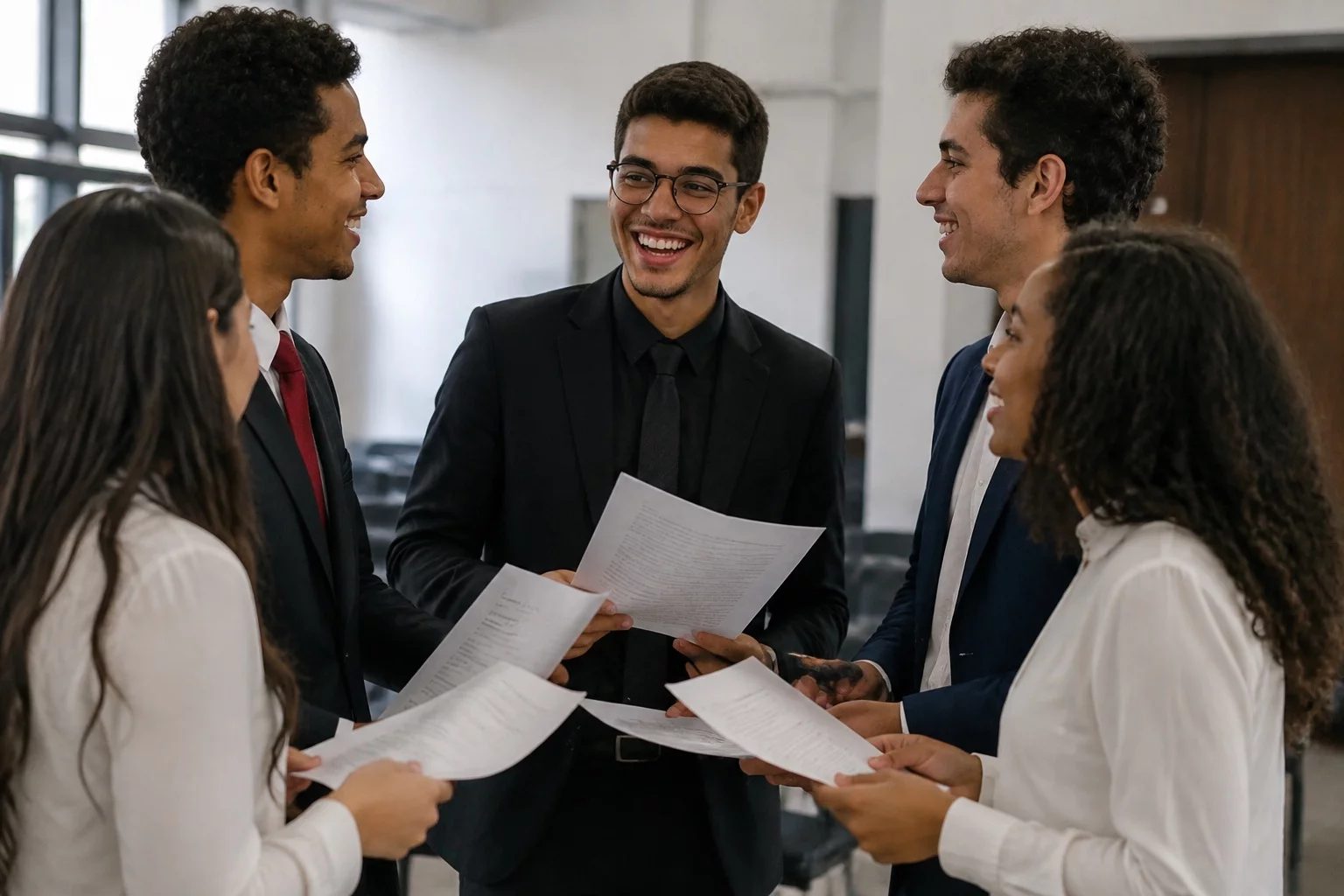 Grupo sorrindo após uma rodada de debate, com papéis nas mãos